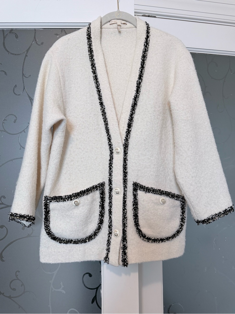 Maje Cream and Black Trim Cardigan